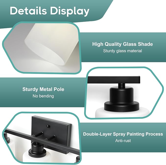 Ascher Bathroom Light Fixtures, 3-Light Vanity Light Over Mirror, Black Wall Sconces with Milky White Frosted Glass Shades, Wall Lamp for Living Room Bedroom, E26 Base(Bulbs Not Included)