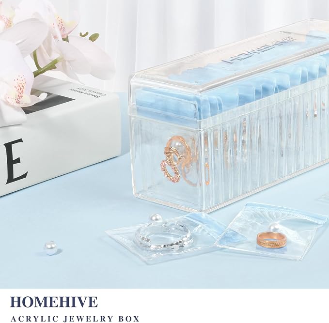HOMEHIVE Acrylic Jewelry Box Organizer, Clear Jewelry Organizer Holder with 20 Portable Anti Tarnish Jewelry bags, Travel Jewelry Case for Earrings/Rings/Necklaces for Women Girls, Blue