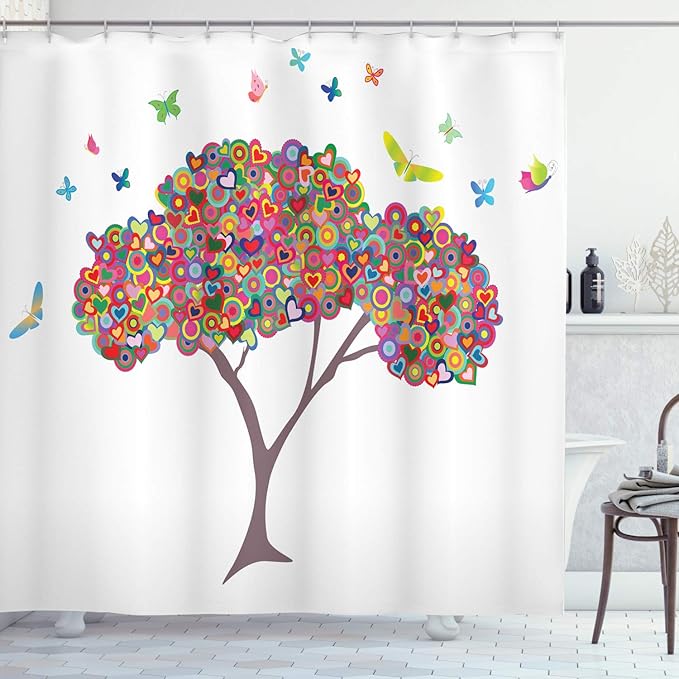 Ambesonne Tree of Life Shower Curtain, Colorful Nature Butterflies Heart Happiness Love Theme Bloom Summer Season, Cloth Fabric Bathroom Decor Set with Hooks, 69" W x 84" L, Yellow Magenta