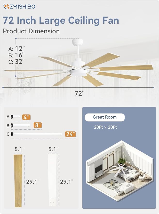ZMISHIBO 72 inch White Ceiling Fans with Lights and Remote, Indoor/Outdoor Ceiling Fan for Patio Living Room, 6 Speed Reversible Quiet DC Motor, 3 CCT, Dual Finish Blades
