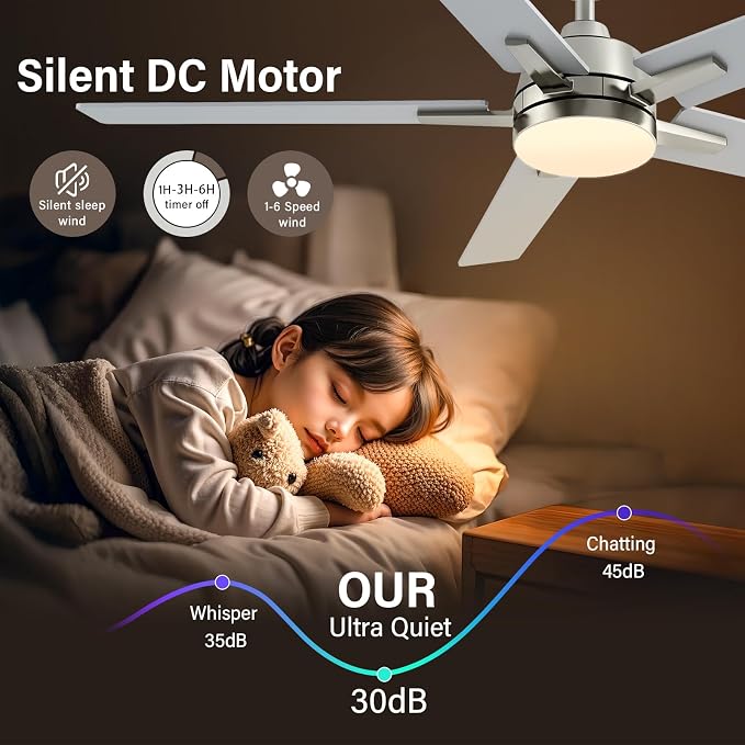 52 Inch Brushed Nickel Ceiling Fans with Lights and Remote, Low Profile 5 Blades Ceiling Fan with Downrods, Reversible, 3CCT, Dimmable, Noiseless for Living Room, Bedroom and Patio