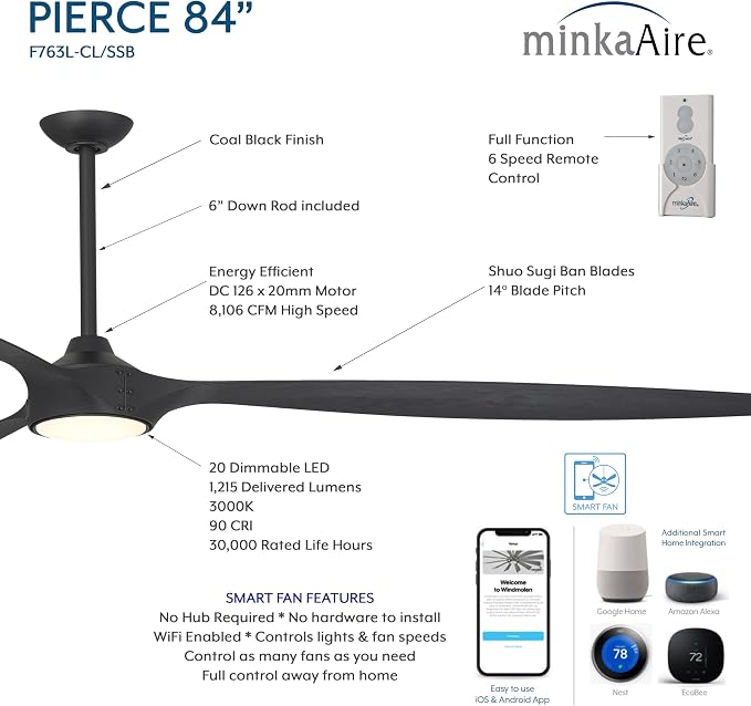 MINKA-AIRE F763L-CL/SSB Pierce 84" 3-Blade LED Smart Ceiling Fan - Coal and Shou Sugi Ban Finish Blades with Etched Lens