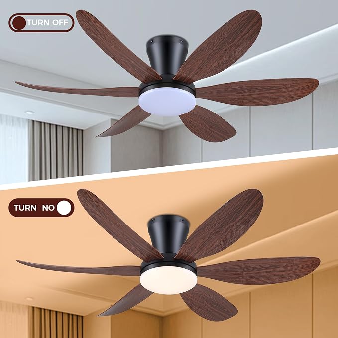 GJeg Ceiling Fans with Lights,42" Flush Mount Ceiling Fan with Light and Remote Control,Low Profile, Reversible, Dimmable, Noiseless, Brown Ceiling Fan for Bedroom