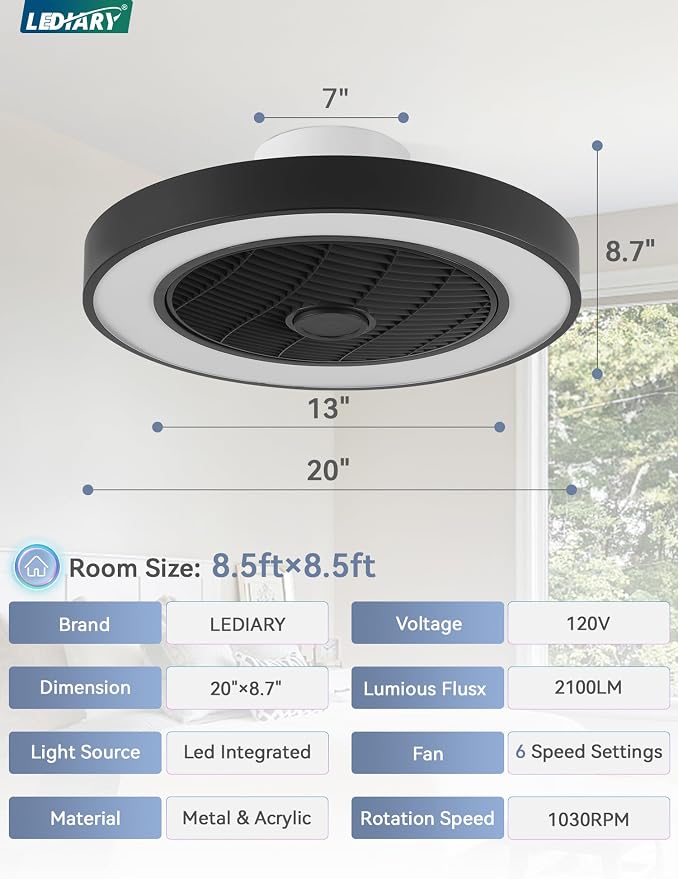 LEDIARY 20 Inch Low Profile Ceiling Fans With Lights, Led Bladeless Ceiling Fan, Remote Control Enclosed Flush Mount Ceiling Fan With Timming, 3000-6000K, 6 Wind Speed, 3000LM, 57W-Black RGB