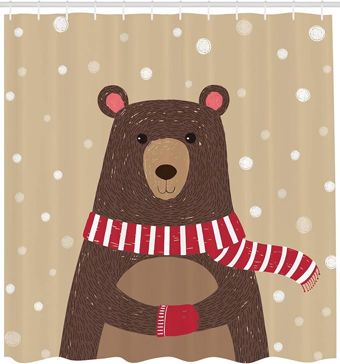 Ambesonne Cartoon Shower Curtain, Bear Wearing Red Scarf Under Snow Winter Cold Weather Playroom Print, Cloth Fabric Bathroom Decor Set with Hooks, 69" W x 84" L, Brown Sand Brown