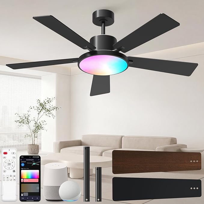 CINOTON Smart Ceiling Fan with Lights, 52'' RGBCW Ceiling Fan with Lights and Remote App Voice Control, Reversible DC Motor, 2600lm Dimmable, 6 Speeds & 2 Fan Modes, Quiet Fan for Bedroom, Living Room