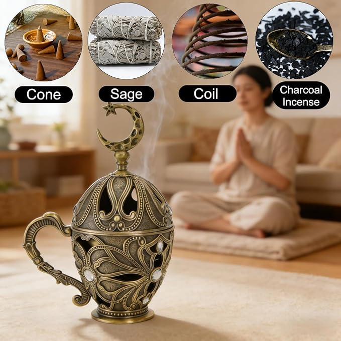 Frankincense Resin Incense Burner, Metal Charcoal Incense Censer with Handle, Vintage Bakhoor Herb Burner, Cone Coil Holder for Yoga Spa Aromatherapy Meditation, Decor for Home Office, Bronze