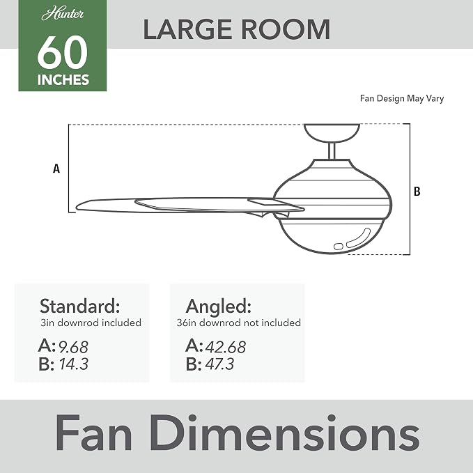 Hunter 60 inch Indoor Ceiling Fan with LED Light and Remote Control - Standard Mount Ceiling Fan, 3 Blades, For Bedroom or Living Room - Sentinel 59459, Brushed Nickel
