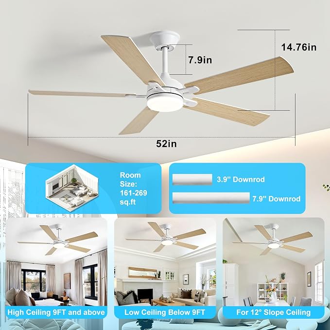 Depuley 52-inch Ceiling Fan with Light: White Ceiling Fan for Living Room Indoor - Modern Ceiling Fan with Remote Control 3CCT Dimmable Noiseless 5 Reversible Wood Blades 6 Speeds