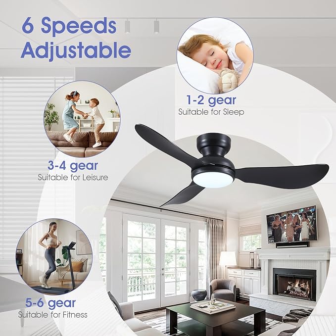 Kviflon 46 Inch Modern Ceiling Fans with Lights, Small Flush Mount Ceiling Fan with Light and Remote/APP Control, 3 Reversible Curved Blades, 6 Speeds, 3 CCT Dimmable Lights for Bedroom, Black