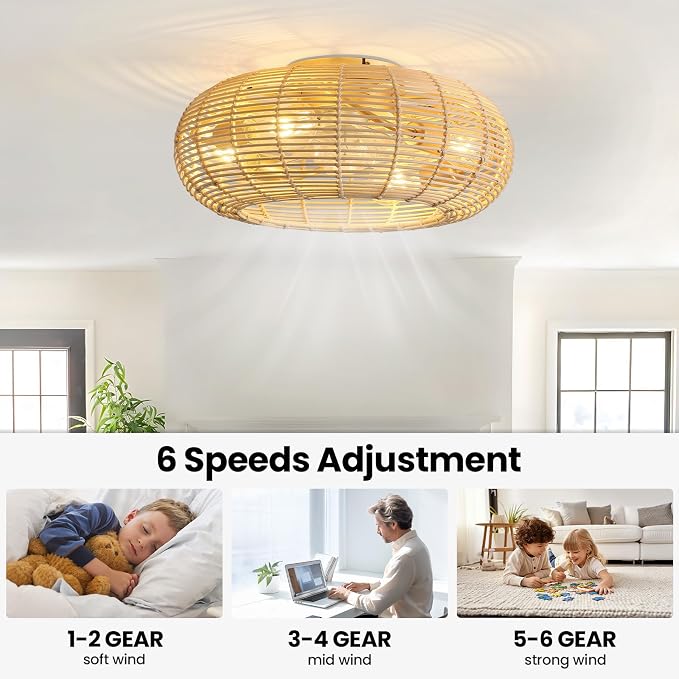 AIJIASI 20" Boho Ceiling Fan with Light and Remote, Rattan Caged Ceiling Fan with Light 6 Speeds Flush Mount Fandelier Ceiling Fan for Bedroom Living Room (4*E26 Base)