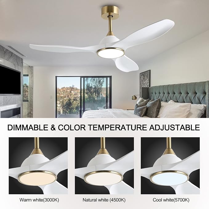 52 Inch High CFM Modern White Gold Ceiling Fan with Lights Remote Control | 6 Speed, Quiet DC Motor, 3 Blade Indoor Bedroom Living Room Ceiling Fan