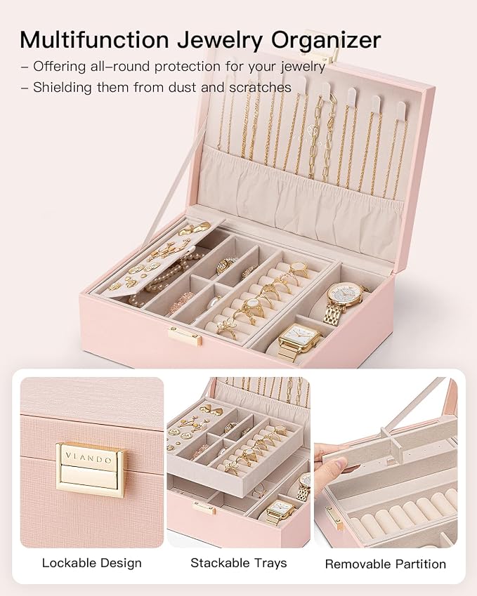 VLANDO 2 Layer Jewelry Box Large Jewelry Organizer for Women Removable Jewelery Tray with Watch Pillow for Necklace Earrings Rings Bracelets Jewelry Boxes for Holidays Gifts (Pink)