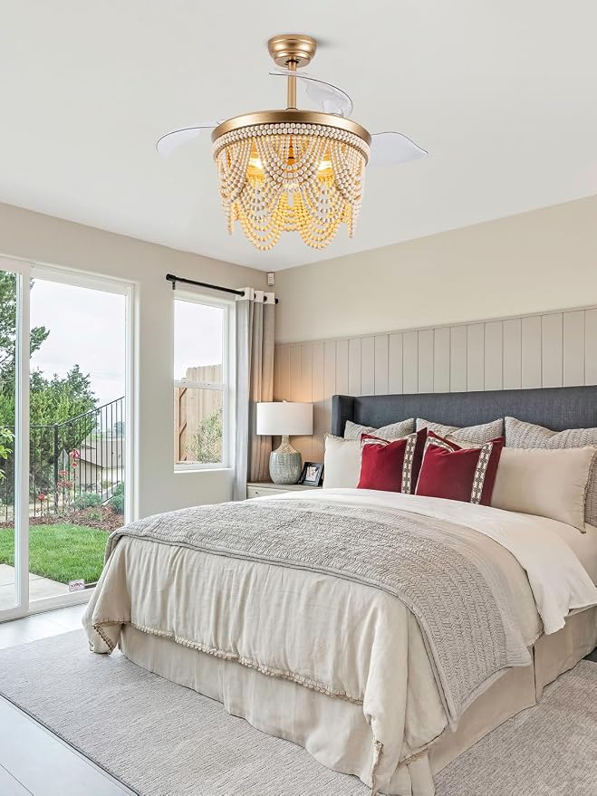 42 Inch Boho Fandelier Ceiling Fan with Light Retractable Ceiling Fan with Lights Wood Beaded Coastal Chandelier, 6 Speeds Reversible Quiet DC Motor for Bedroom Living Room