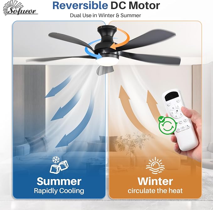 Sofucor 52 Inch Low Profile Ceiling Fan with Light, Flush Mount Outdoor Black Ceiling Fan with Remote for Bedroom Living Room Patio, Dimmable LED High Airflow Quiet Reversible DC Motor