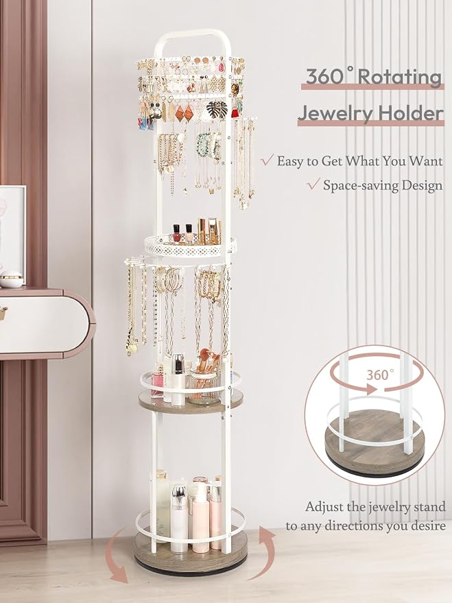 Jewelry Holder Organizer, Floor Jewelry Organizer with Earring Organizer Necklace Holder, Rotating Jewelry Stand Necklace Display Earring Storage, Large Hanging Jewelry Tree for Jewlery Bracelet Ring