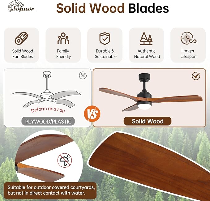 Sofucor 52" Solid Wood Ceiling Fan Lights, Flush Mount & Downrod Mount Ceiling Fan with Lights and Remote, Wood Blades Modern Outdoor Ceiling Fans for Bedroom/Farmhouse/Patio/Indoor