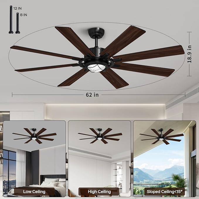 TALOYA 62 Inch Ceiling Fans with Lights and Remote Flush Mount Low Profile for Living Room Farmhouse Bedroom Patio Outdoor Dining Room,DC Motor,Reversible,Buzzer Mute,Dimmable Led Light,Rustic,Black