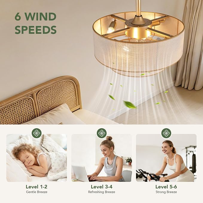 20" Boho Ceiling Fan Light and Remote, Fabric Chandelier Ceiling Fan Light, Caged Fandelier with Lights Flush Mount, 6 Wind Speeds Enclosed Ceiling Fan for Bedroom, Living Room, Dining Room