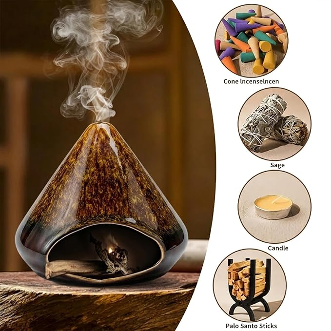 Handcrafted Ceramic Palo Santo Holder –Artistic Incense Burner for Meditation, Mindfulness & Zen Home Decor – Wabi-Sabi Style Cone Sculpture, Relaxation & Aromatherapy-Gift for Yoga (Brown)