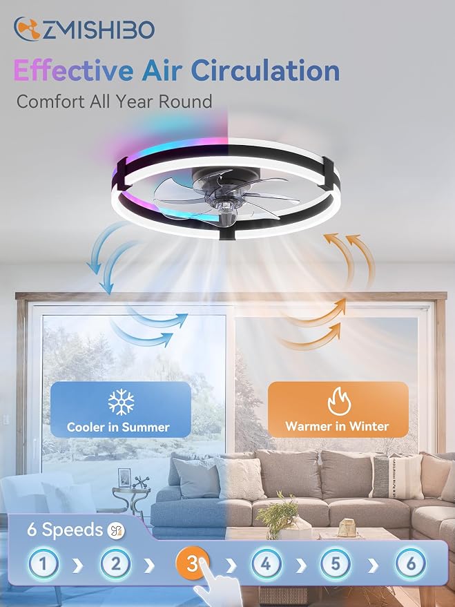 ZMISHIBO RGB Ceiling Fans with Lights and Remote, 20 inch Low Profile Ceiling Fan with Light, 3000K-6000K Dimmable & RGB, Modern Fandelier Flush Mount Ceiling Fan, Small LED Fan for Bedroom