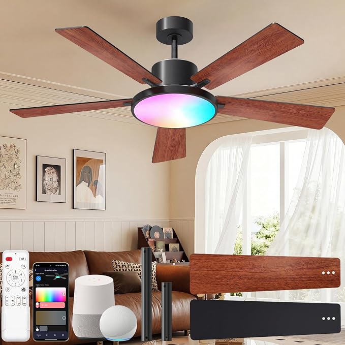 CINOTON Smart Ceiling Fan with Lights, 52'' RGBCW Ceiling Fan with Lights and Remote App Voice Control, Reversible DC Motor, 2600lm LED, 6 Speeds & 2 Fan Mode, Quiet Fan for Bedroom, Living Room Brown