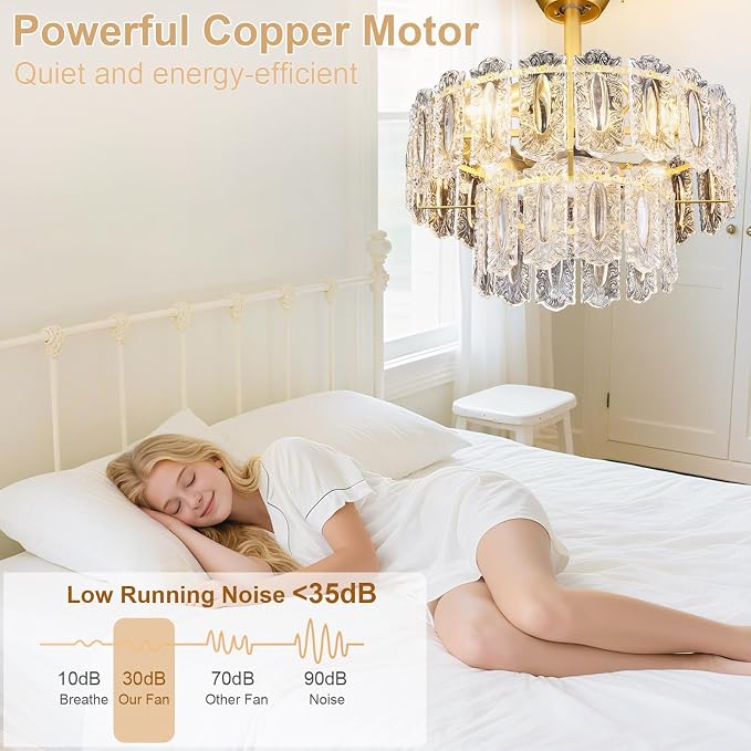 Depuley Bedroom Ceiling Fan with Lights: 20" Gold Chandelier Small Fan with Remote Control - Modern Crystal Fandelier for Girl's Bedroom Living Room Nursery (E26 Bulbs Not Included)