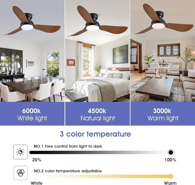 Kviflon 46 Inch Modern Ceiling Fans with Lights, Flush Mount Ceiling Fan, Remote/APP Control, 3 Reversible Curved Blades, 6 Speeds, 3 CCT Dimmable LED Lights for Living Room Bedroom, Brown