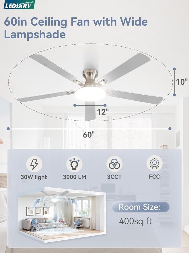 60 Inch Ceiling Fan with Lights and Remote, 30W 12" LED Panel Flush Mount Ceiling Fan, 6-Speed Quiet DC Motor Modern Low Profile Ceiling Fan with Reversible Blades for Bedroom, Living Room, Patio