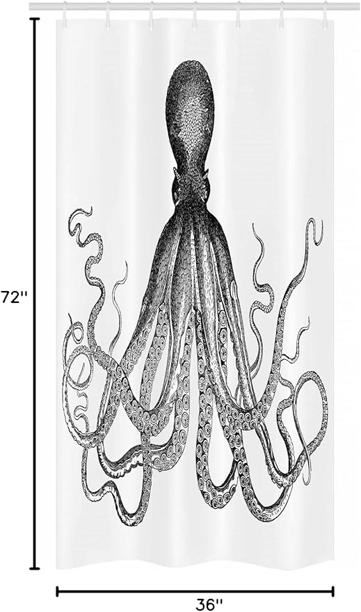 Ambesonne Nautical Stall Shower Curtain, Vintage Engraved Illustration of an Octopus Sea Creature Monochrome Art, Fabric Bathroom Decor Set with Hooks, 36" W x 72" L, Grey Black