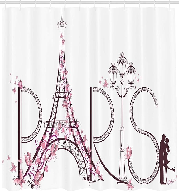 Ambesonne Paris Shower Curtain, Tower Eiffel with Paris Lettering Couple Trip Flowers Floral Design Print, Cloth Fabric Bathroom Decor Set with Hooks, 69" W x 75" L, Pink Plum