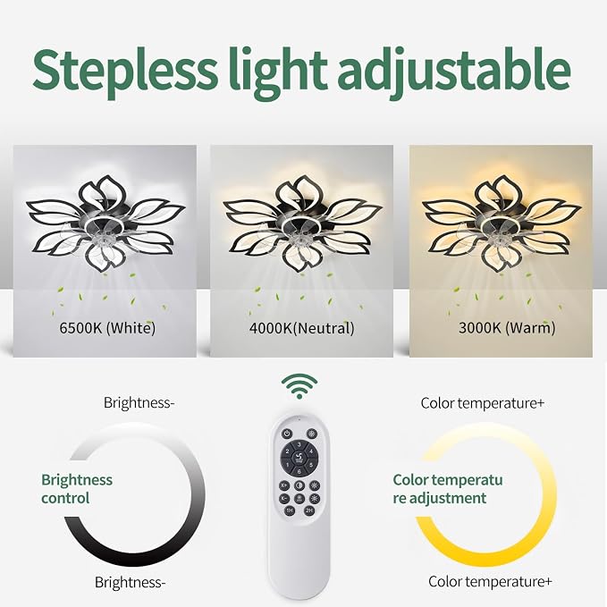 Black Flower Modern Ceiling Fans with Lights, Low Profile Ceiling Fan with Remote for Bedroom, Flush Mount Ceiling Fan with LED Dimmable Light,6-Speeds, Ceiling Fans Light