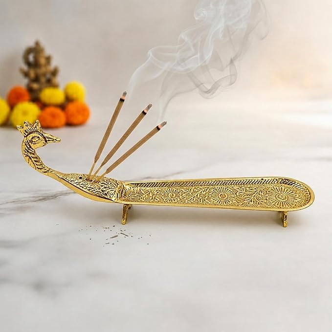 Putrika Brass Incense Stick Holder | Agarbatti Burner with Ash Catcher | Dhoop Batti Stand for Puja | Pooja Use – Peacock Engraved Design [24cm, 170g]