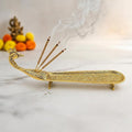 Putrika Brass Incense Stick Holder | Agarbatti Burner with Ash Catcher | Dhoop Batti Stand for Puja | Pooja Use – Peacock Engraved Design [24cm, 170g]