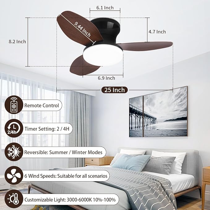 Small Ceiling Fan with Lights and Remote, 25 Inch Flush Mount, Reversible Quiet DC Motor, 3 Blades, 6 Wind Speeds, Dimmable LED, Adjustable Color Temperature, Timer