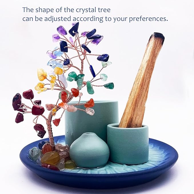 5 in 1 Incense Burner Holder with Crystal Tree for Burning Palo Santo Stick, Sage, Incense Sticks, Candle, Ceramic Tray Ash Catcher, Meditation Gift (Sky-Blue)