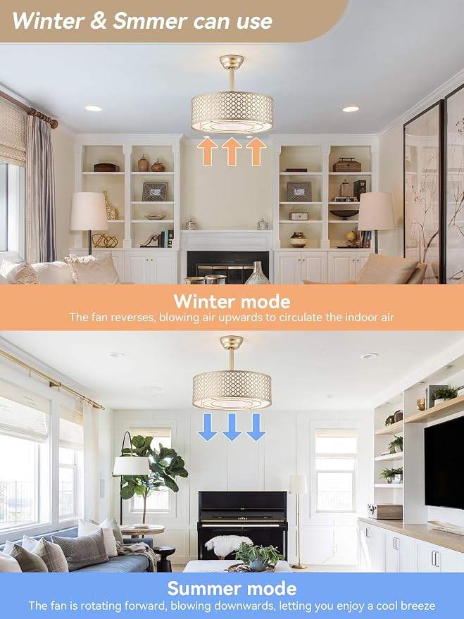 Gold Fandelier Ceiling Fan with Light, 20" Caged Boho Ceiling Fans with Lights and Remote, Mid Century with 6 Speeds for Bedroom, Living Room, Nursery