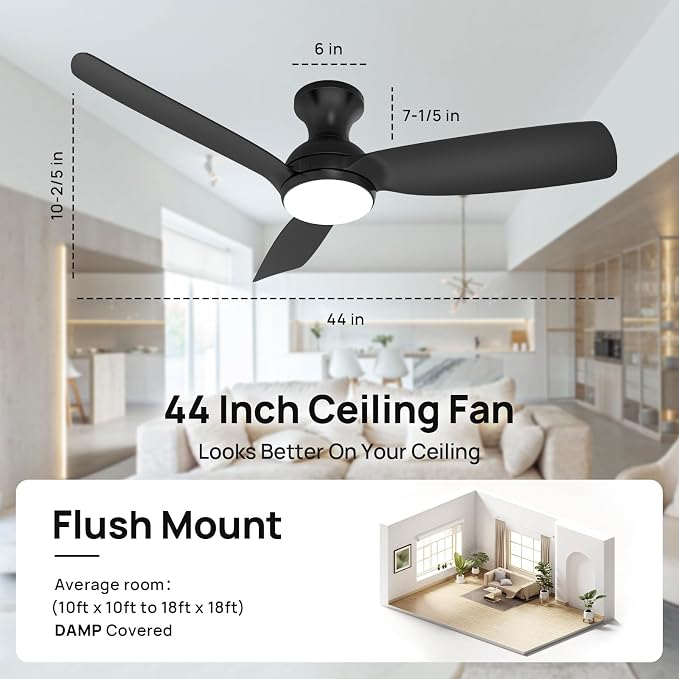 Consciot Ceiling Fan With Light, 44 Inch Low Profile Ceiling Fan with remote control, 6-speed choice, Reversible DC motor, 3CCT, Dimmable, Whisper, Easy Install, For Indoor and Covered Outdoor (black)
