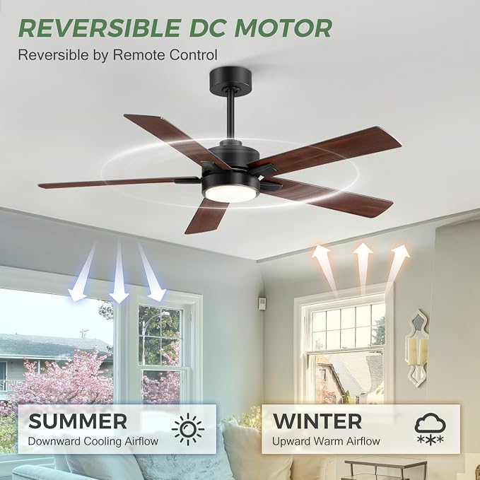 Ceiling Fans with LED Lights, 52 Inch 5-Blade Ceiling Fan Remote Control, Industrial Ceiling Fan with Reversible DC Motor, Downrod Mount LED Ceiling Light Chandelier for Bedroom (Black & Walnut)
