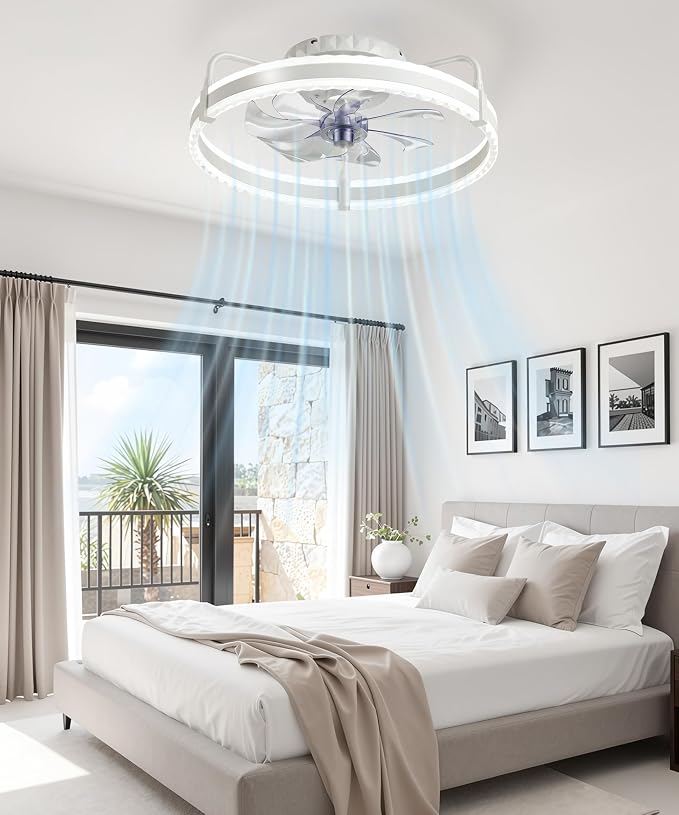 Ceiling Fan with Lights, 20'' Low Profile Ceiling Fans, 3000-6000K Dimmable Fandelier LED Fan Light, White Modern Flush Mount Ceiling Fan, 6 Speeds Reversible DC Motor Noiseless for Bedroom, Kids Room