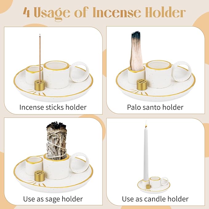 SelfTek 5 in 1 Incense Holder for Sticks, Ceramic Incense Burner Holder and Ash Catcher Tray, Palo Santo Holder - 9 Incense Holes for Candle, Sage Holder for Burning for Meditation Yoga Room (White)