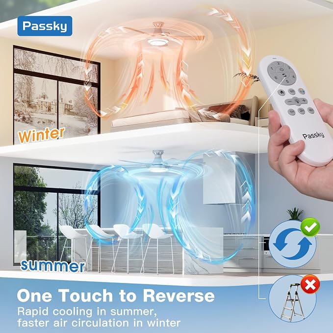 Passky Ceiling Fans with Lights, 52 inch Silver Flush Mount Ceiling Fan with Remote Control, Low Profile Ceiling Fan for Bedroom, Farmhouse, Reversible, 3CCT, Dimmable, Noiseless DC Motor, 2 Rings