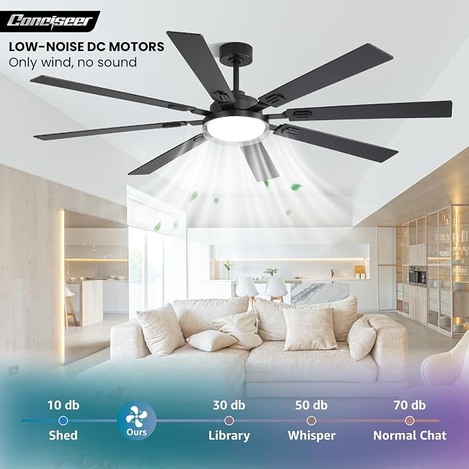 72 Inch Ceiling Fans with Lights and Remote, Living Room Office Library Industrial, 5CCT Dimmable, Dual Color 8 Blades, 6 Speed Reversible Quiet DC Motor, Double-Layer Lampshade, Black/Wood Grain