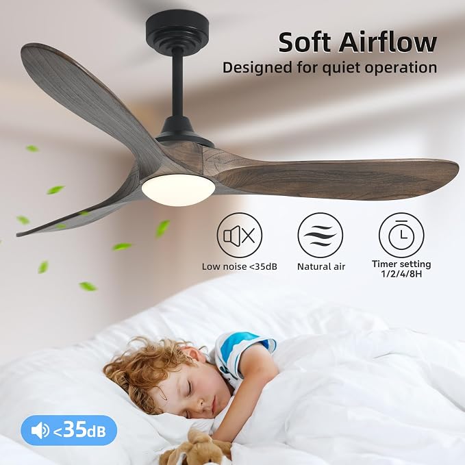 52” Outdoor Ceiling Fan with Light, Compatible with Alexa/Google, 3 Walnut Solid Wood Blade, Noiseless Reversible Dc Motor, Smart Outdoor Wood Ceiling Fan for Farmhouse Patios, Dark Brown