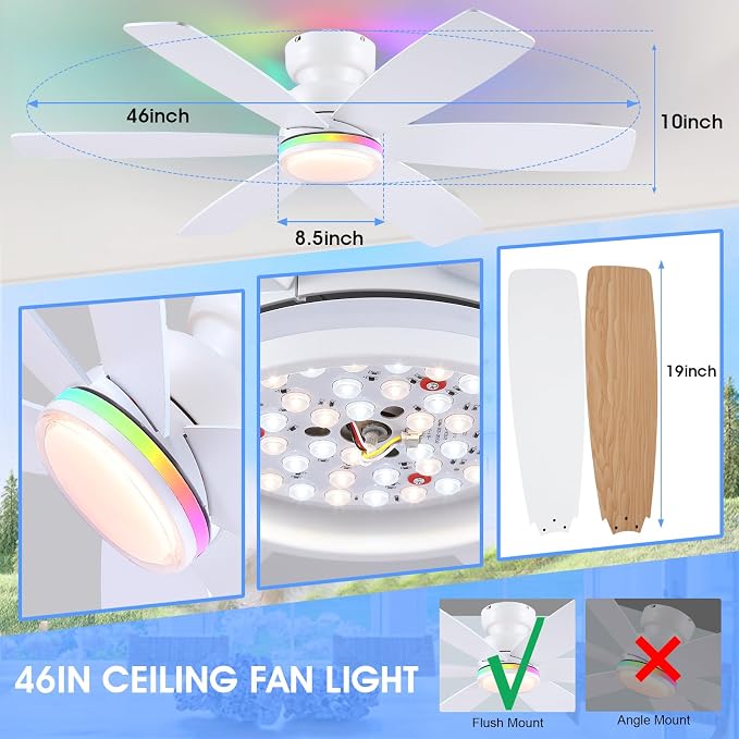 Kviflon 46" Ceiling Fans with RGB Lights Remote/APP Control, Flush Mount Ceiling Fans, Double-Sided 6 Reversible Blades, RGB Ring Lights+3CCT Dimmable Lights, Double Lampshade for Bedroom, White