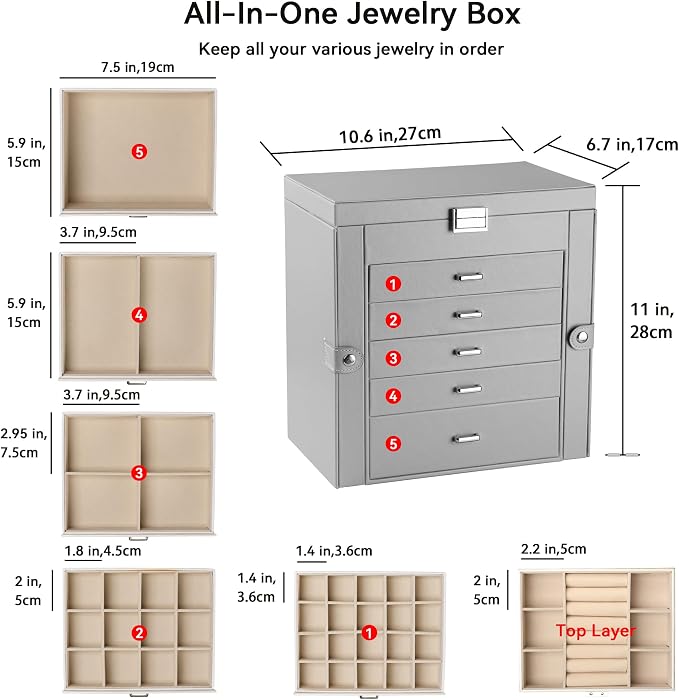 Frebeauty 6-Layer Jewelry Box for Women,Large Jewelry Organizer with Drawer | Faux Leather,Built-in Mirror,Spacious Jewelry Storage,16 Necklace Hooks,Organizing by Category for Rings Earrings Bracelet