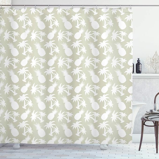 Ambesonne Pineapple Shower Curtain, Coconut Palm Trees and Pineapples Floral Repeating Background Art, Cloth Fabric Bathroom Decor Set with Hooks, 69" W x 70" L, Eggshell White