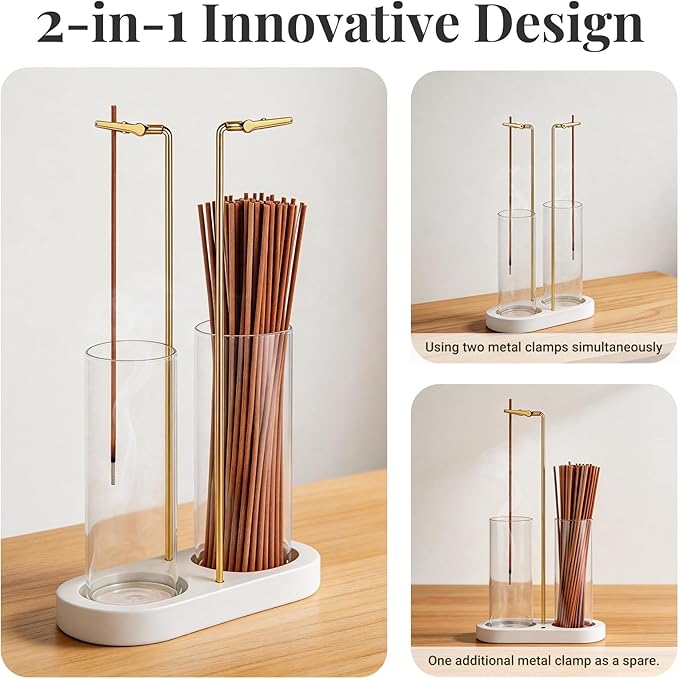 Glass Incense Holder, 2 in 1 Hanging Incense Burner Holder with Ash Catcher & Storage | Cute Boho Decor for Meditation, Yoga, Spa | Stick Incense Holder, Censer, Incense Tray Alternative (White)