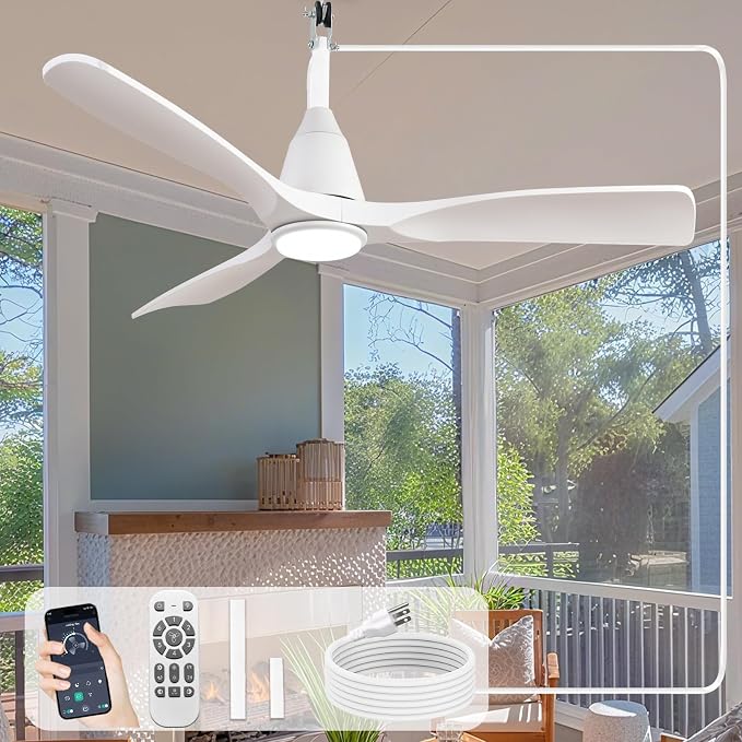 Depuley Outdoor Ceiling Fan with Lights: 42" White Gazebo Fans Outdoor Hanging with Remote APP Control - Plug in Waterproof Fans with Light for Patio Porch Reversible White Blades 3CCT 6 Speeds Timer