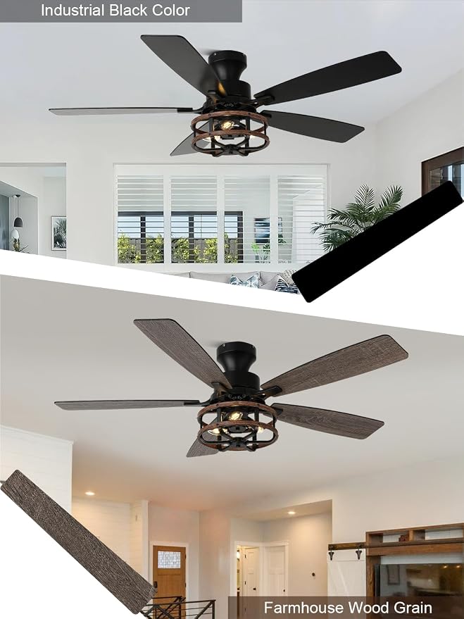 52" Farmhouse Rustic Ceiling Fan with Lights Remote Flush Mount | Rustic Caged Fandelier Low Profile Chandelier, for Bedroom Living Room, 5 Dual Blades Quiet Reversible DC Motor 6 Speeds